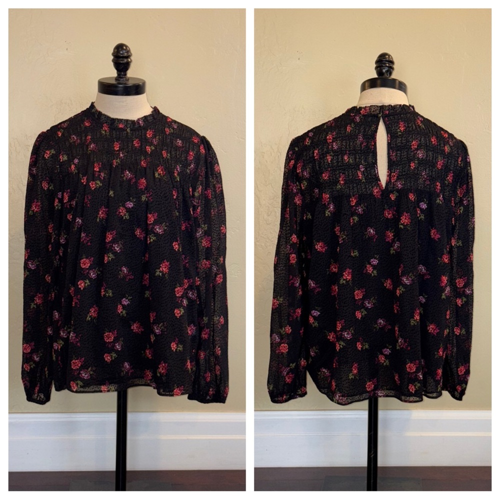 Banana Republic Floral Velvet Dot Smocked Ruffle-Collar Top Black Size Medium